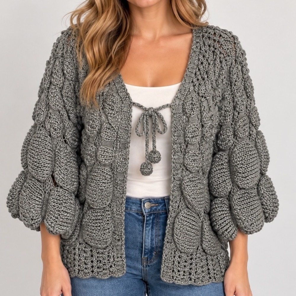 Janet Paris Gray Chunky Crochet Cardigan S/M 3D Knit Boho Open Front Tie